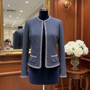 St. John Navy Tweed Blazer with Silver Accents